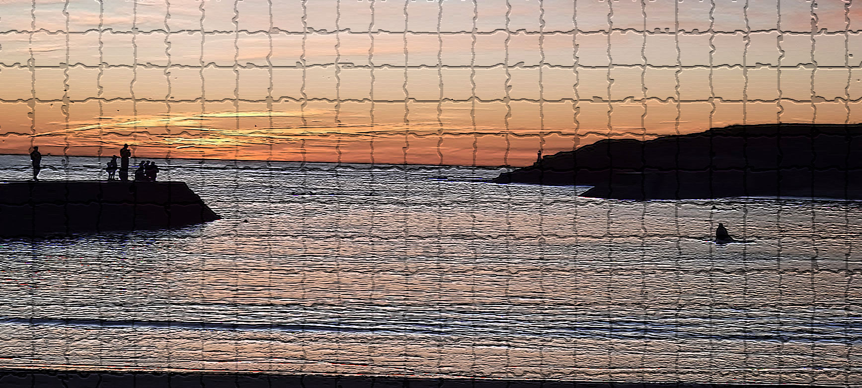 Cullercoats Bay sunrise image on Winter solstice divided into mosaic tiles